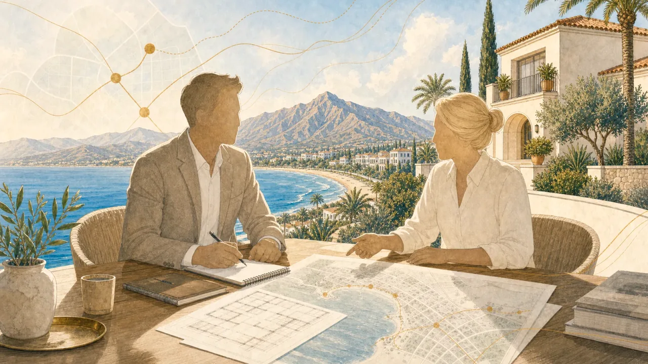 Illustration of Christoffer and blonde Sara planning Solaire Homes beside the Costa del Sol