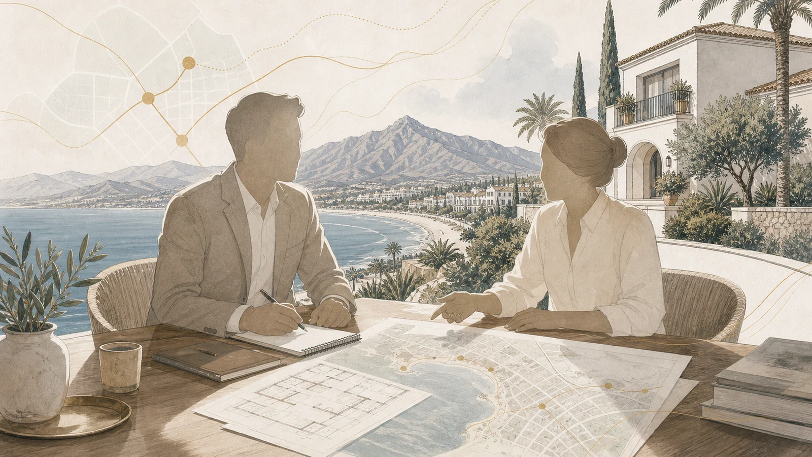 Illustration of founder-led Solaire Homes advisory beside a Costa del Sol map