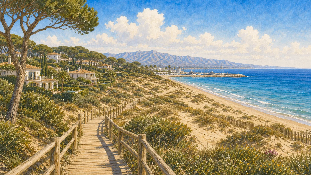 Illustration of Mijas Costa beaches, low-rise homes, and coastal hills