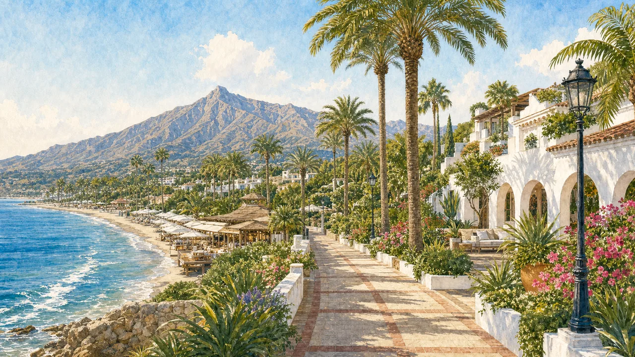 Illustration of Golden Mile beachside villas and promenade