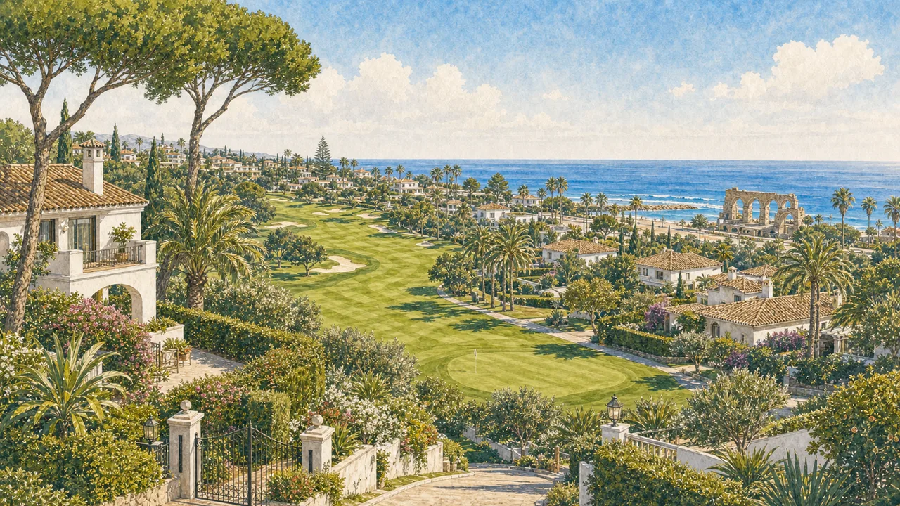 Illustration of Guadalmina golf, mature villas, and beachside setting