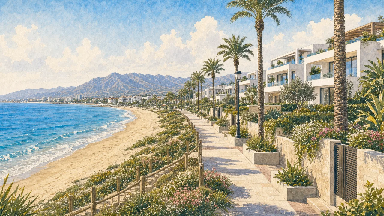 Illustration of Manilva coastline, vineyards, marina, and hillside homes