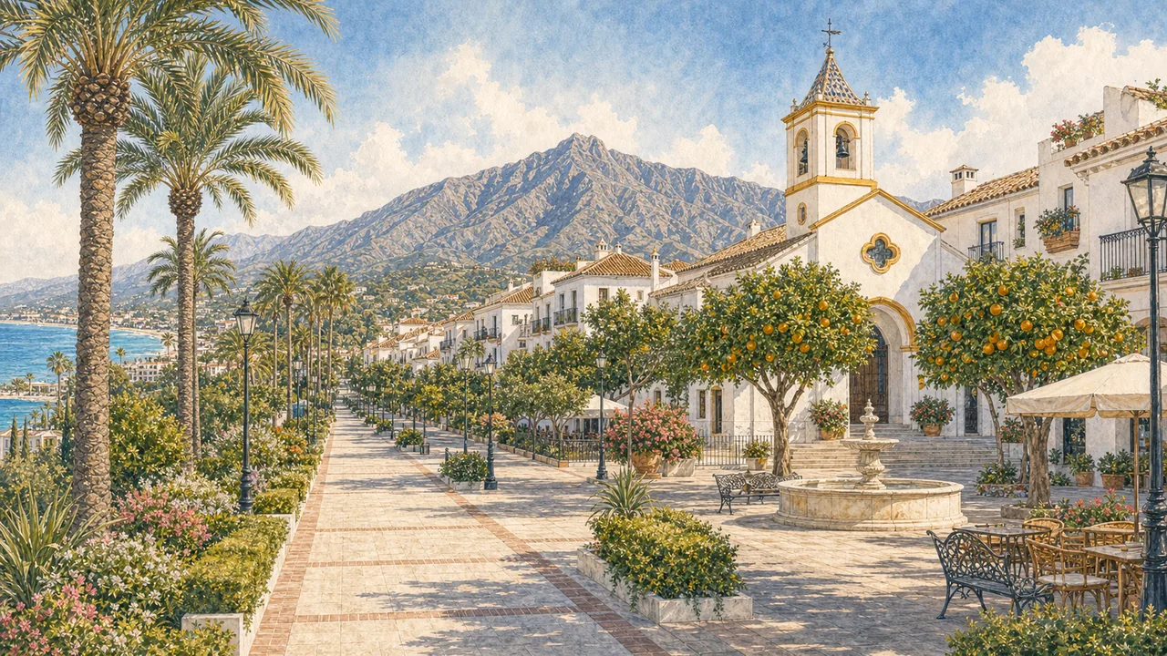Illustration of San Pedro de Alcantara town life and mountain backdrop