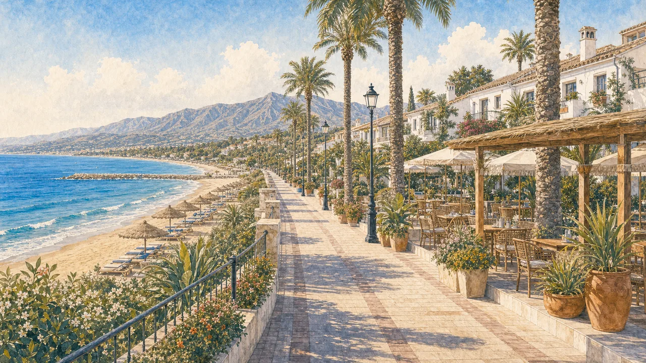 Illustration of Torremolinos beach promenade and apartment living